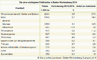 Die zehn wichtigsten Feldfrüchte in Baden-Württemberg 2016