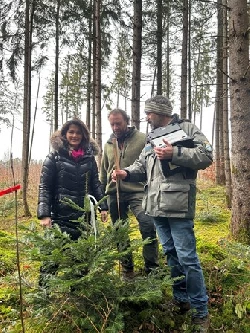 Forstministerin Michaela Kaniber, Waldbesitzer Benno Maier und Beratungsfrster Karl Einwanger. Verwendung mit Angabe Khler (c) StMELF